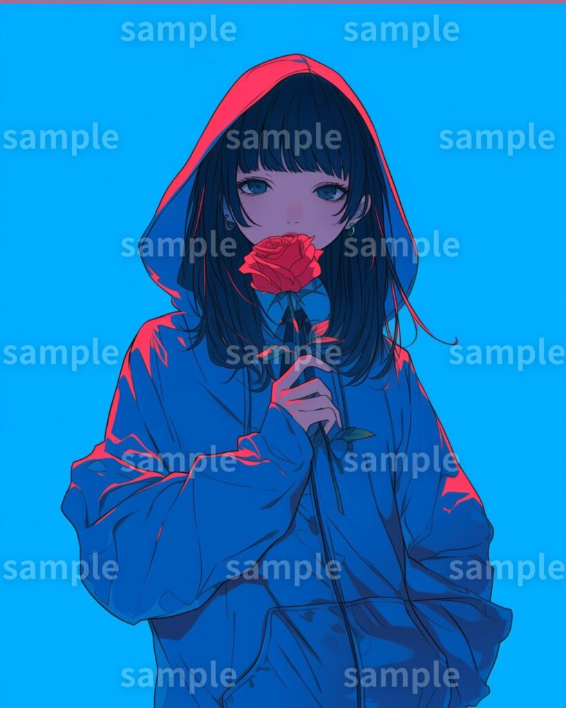 一輪の薔薇を持ったクールガール(パーカー女子)