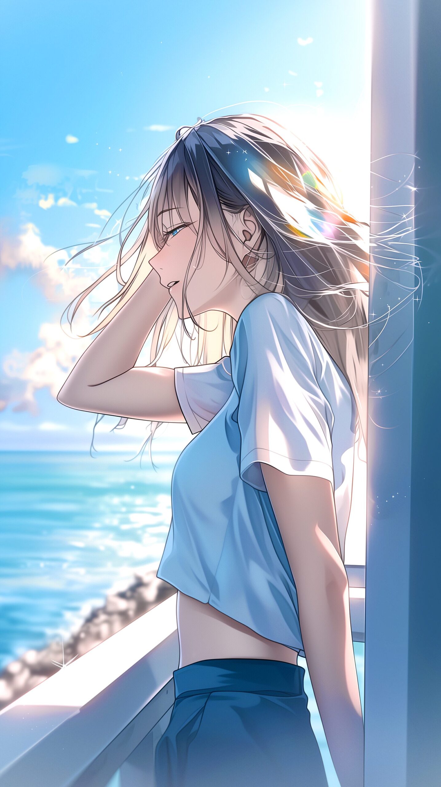 海を眺めるクールなロングヘアの女性イラスト