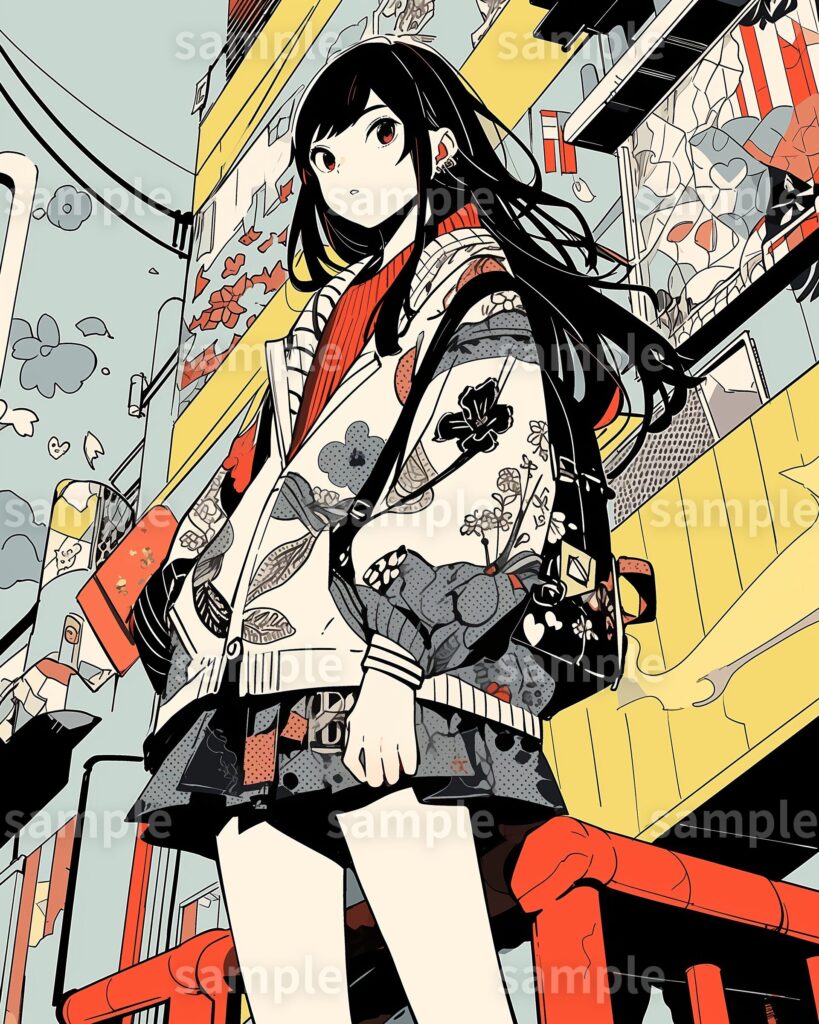 和柄ジャケットを着た女の子イラスト