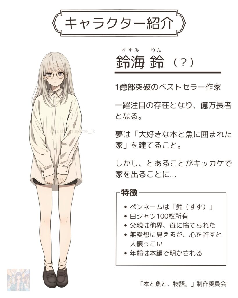 【漫画】本と魚と、物語。/ Books, Fish, and Stories:キャラクター紹介:①:鈴海 鈴(すずみ りん)