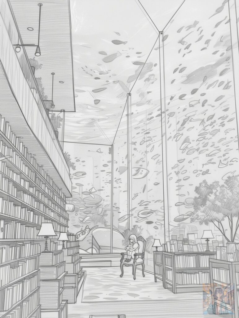 「本と魚と、物語。」漫画に登場するイラスト紹介:鈴海 鈴(すずみ りん)の自宅:色なし版
