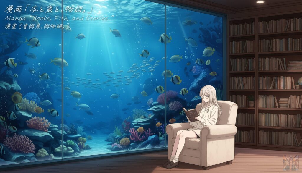 「本と魚と、物語。」漫画に登場するイラスト紹介:読書中の鈴海 鈴(Rin Suzumi)