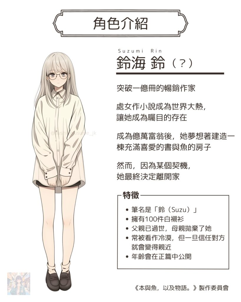 【漫画】本と魚と、物語。/ Books, Fish, and Stories:キャラクター紹介:①:鈴海 鈴(すずみ りん)