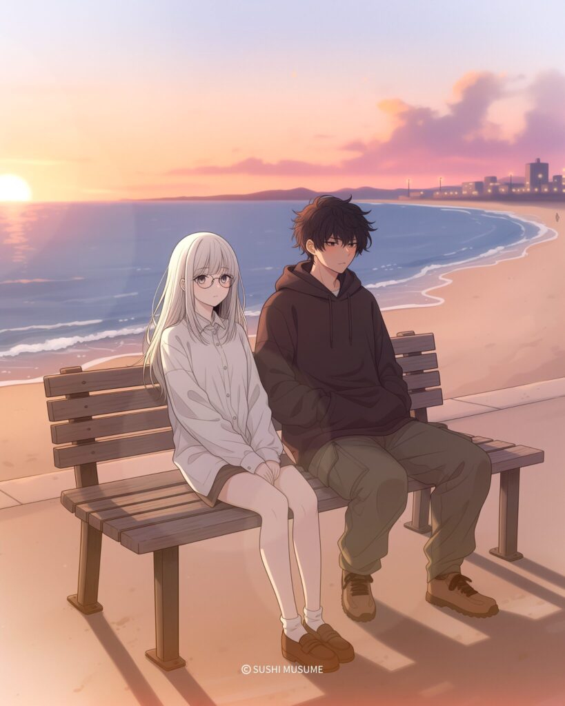 【夕方の海辺：ベンチに座るカップルイラスト】漫画のキャラクターたち０
