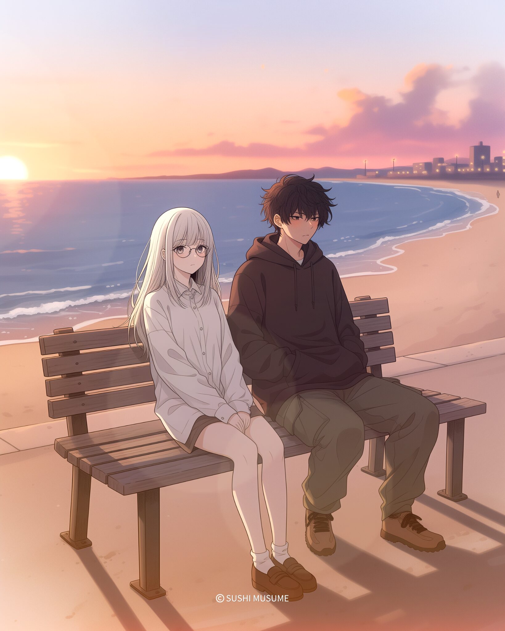 【夕方の海辺：ベンチに座るカップルイラスト】漫画のキャラクターたち０