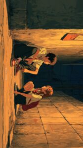 ひっそりと路地裏で会議する男女イラスト・カップル